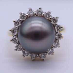 TD8790 "Black Pearl" 18K Yellow Gold Ring with Pearl and Diamonds