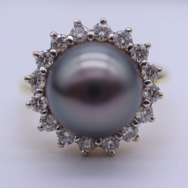 TD8790 "Black Pearl" 18K Yellow Gold Ring with Pearl and Diamonds